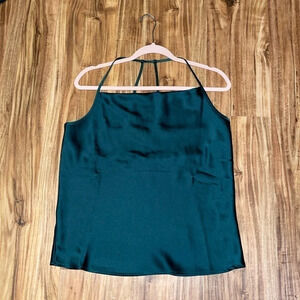 Pleione womens blouse top Medium shirt green satin cowl neck tank cutout back